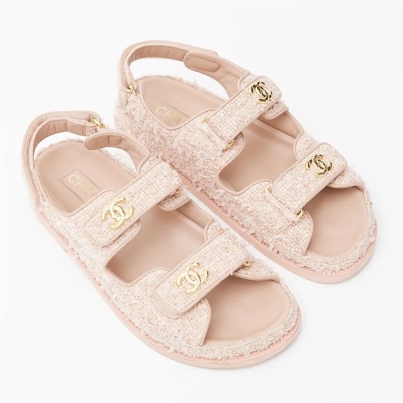 CHANEL Shoes - *New in Box* Chanel CC Logo Pink Gold Tweed Velcro Strap Dad Sandals Size 37